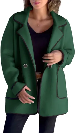 utcoco Women's Notched Lapel Wool Coats Color Block Trim Trench Coat Peacoat Casual Blazer Jacket with Pockets