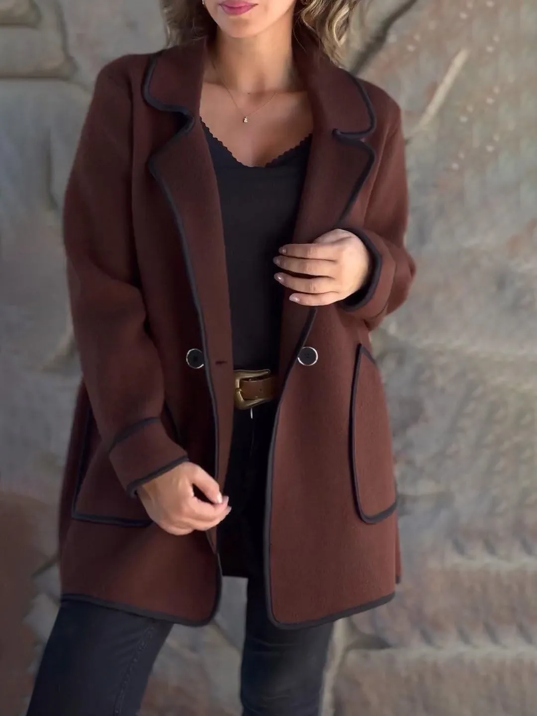 utcoco Women's Notched Lapel Wool Coats Color Block Trim Trench Coat Peacoat Casual Blazer Jacket with Pockets