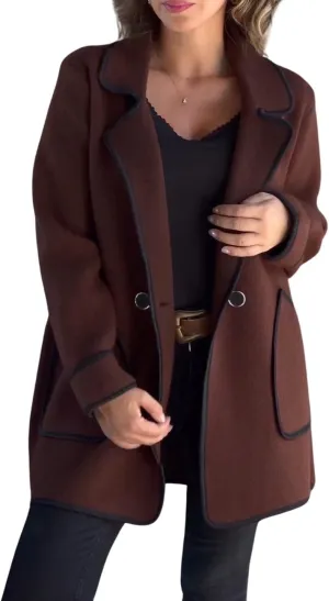 utcoco Women's Notched Lapel Wool Coats Color Block Trim Trench Coat Peacoat Casual Blazer Jacket with Pockets