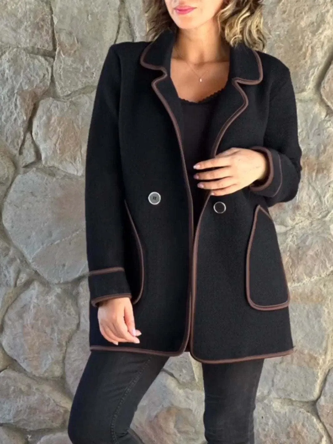 utcoco Women's Notched Lapel Wool Coats Color Block Trim Trench Coat Peacoat Casual Blazer Jacket with Pockets