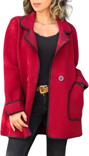 utcoco Women's Notched Lapel Wool Coats Color Block Trim Trench Coat Peacoat Casual Blazer Jacket with Pockets