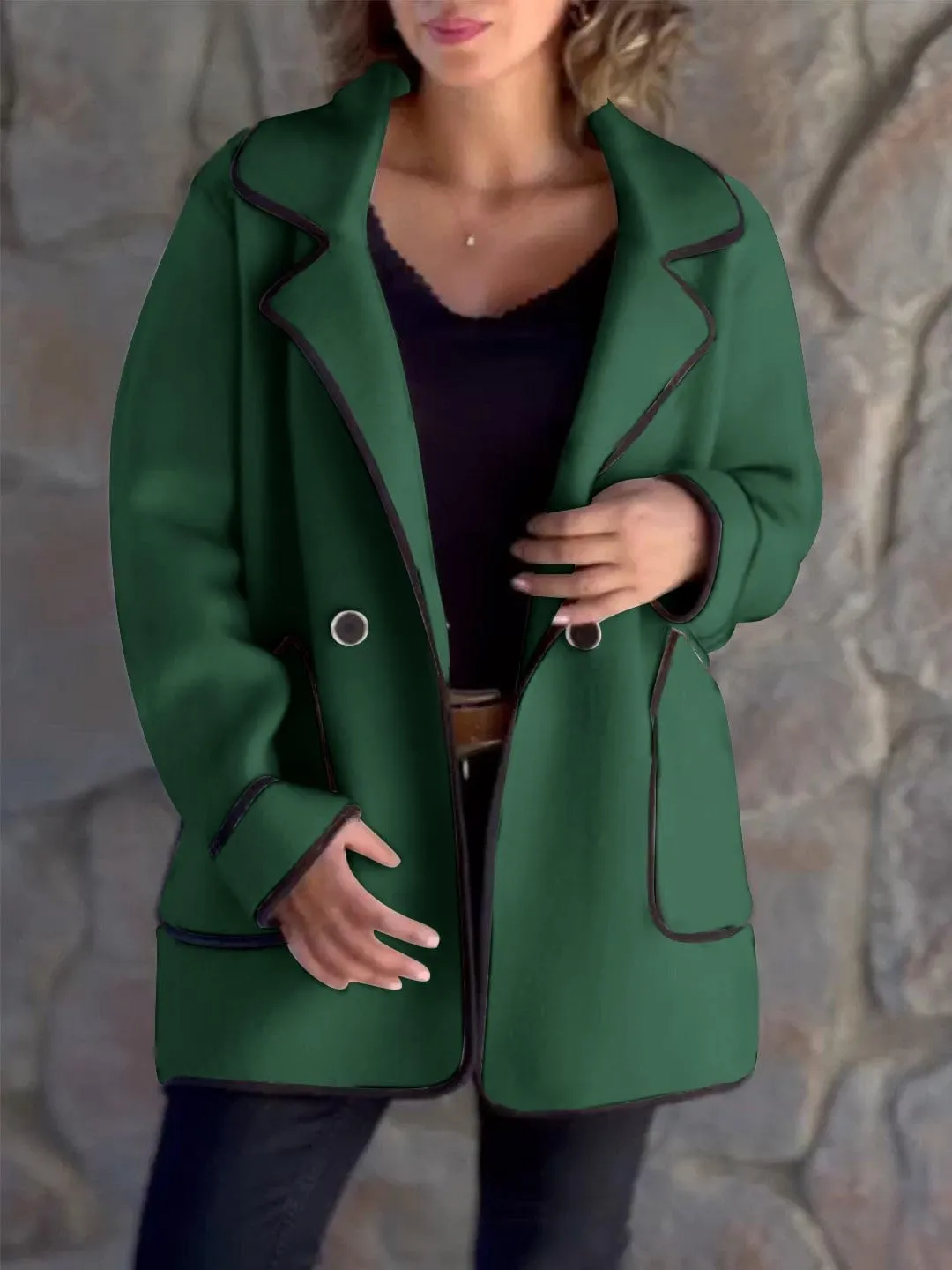 utcoco Women's Notched Lapel Wool Coats Color Block Trim Trench Coat Peacoat Casual Blazer Jacket with Pockets
