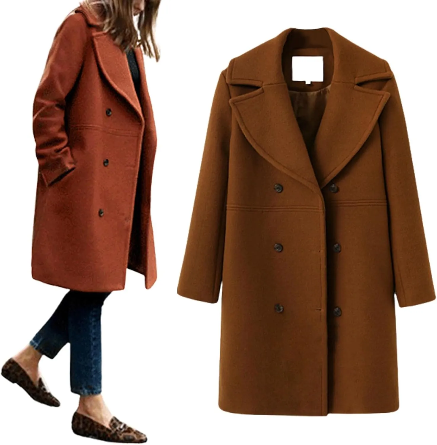 utcoco Women's Wool Blend Double Breasted Pea Coat Notched Lapel Mid Long Trench Overcoat with Pockets