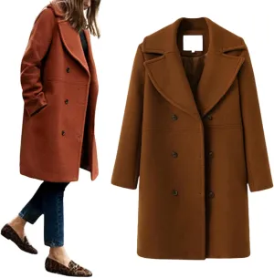 utcoco Women's Wool Blend Double Breasted Pea Coat Notched Lapel Mid Long Trench Overcoat with Pockets