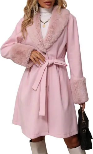 utcoco Womens Wool Blend Pea Coat Faux Fur Lapel Collar Single Breasted Mid Long Trench Overcoat with Belt