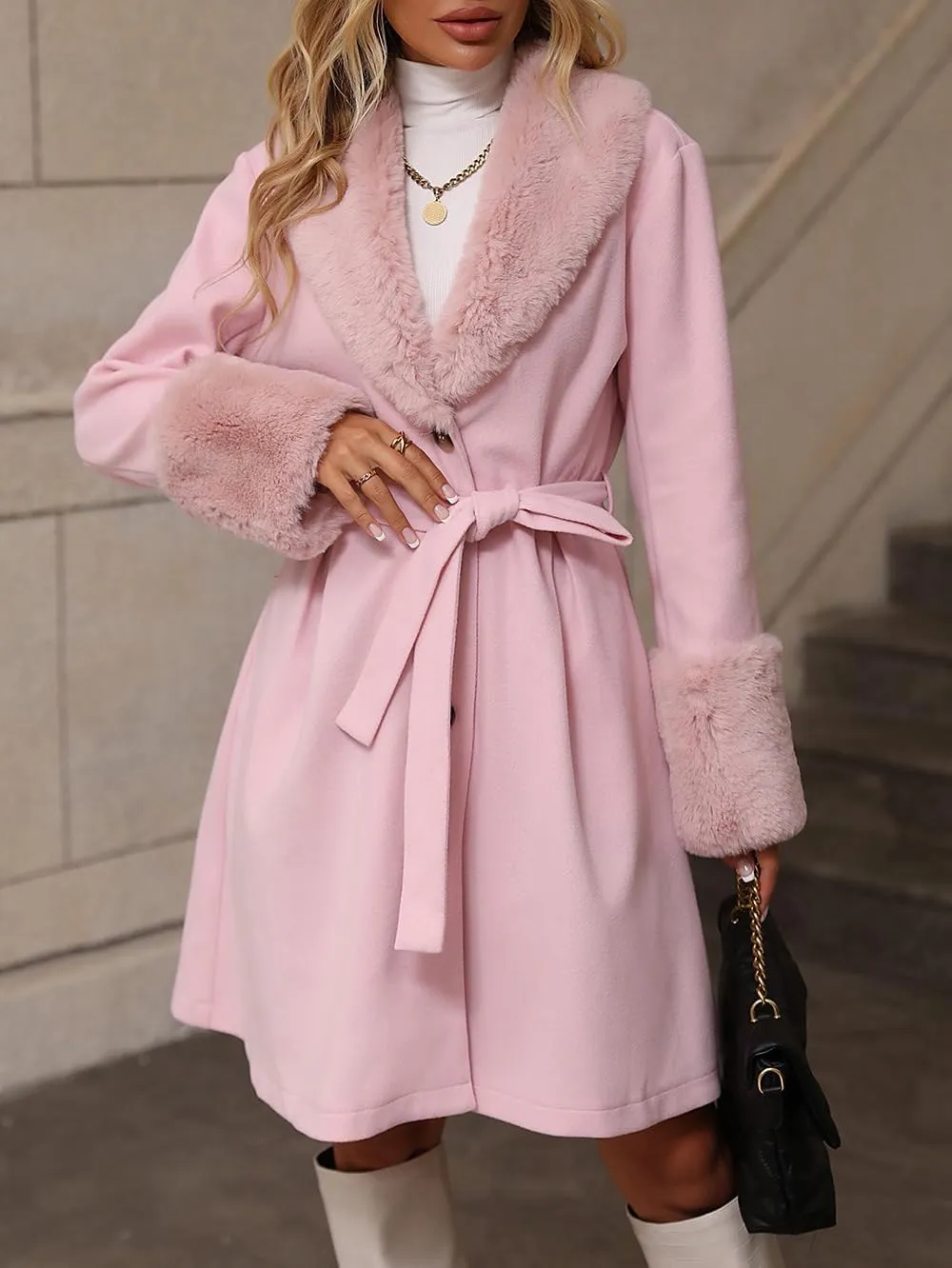 utcoco Womens Wool Blend Pea Coat Faux Fur Lapel Collar Single Breasted Mid Long Trench Overcoat with Belt