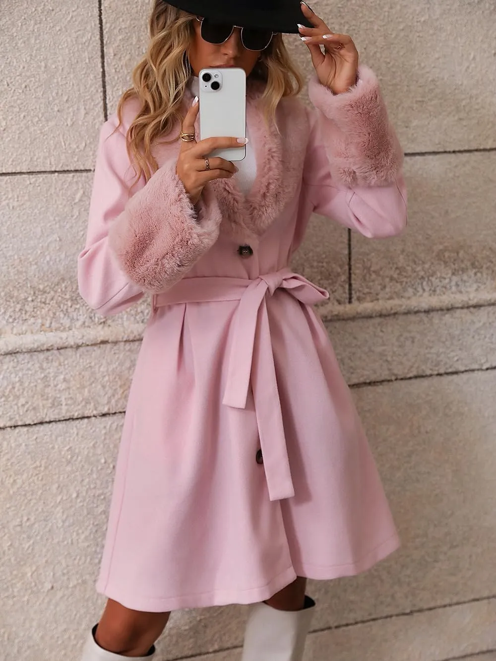 utcoco Womens Wool Blend Pea Coat Faux Fur Lapel Collar Single Breasted Mid Long Trench Overcoat with Belt