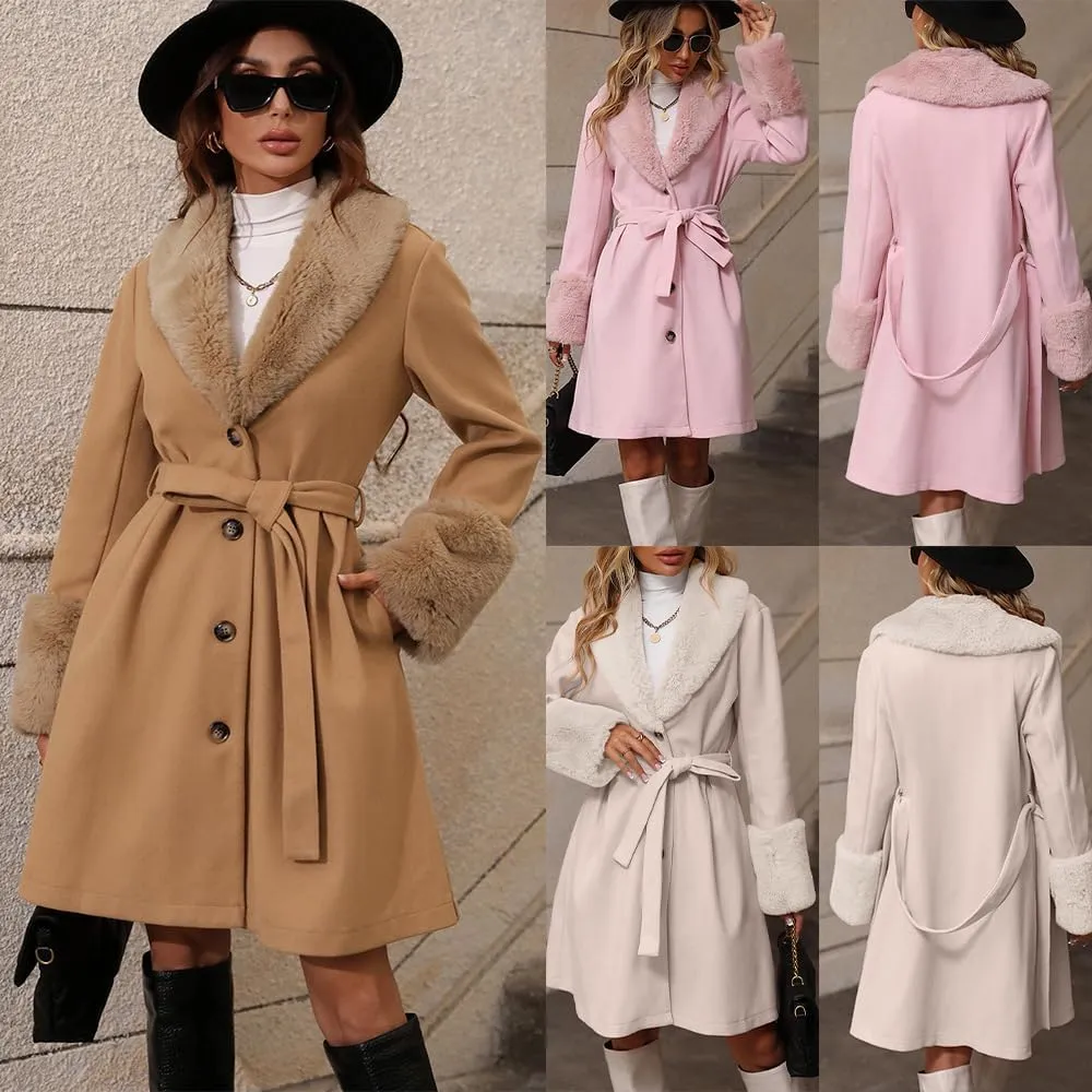 utcoco Womens Wool Blend Pea Coat Faux Fur Lapel Collar Single Breasted Mid Long Trench Overcoat with Belt