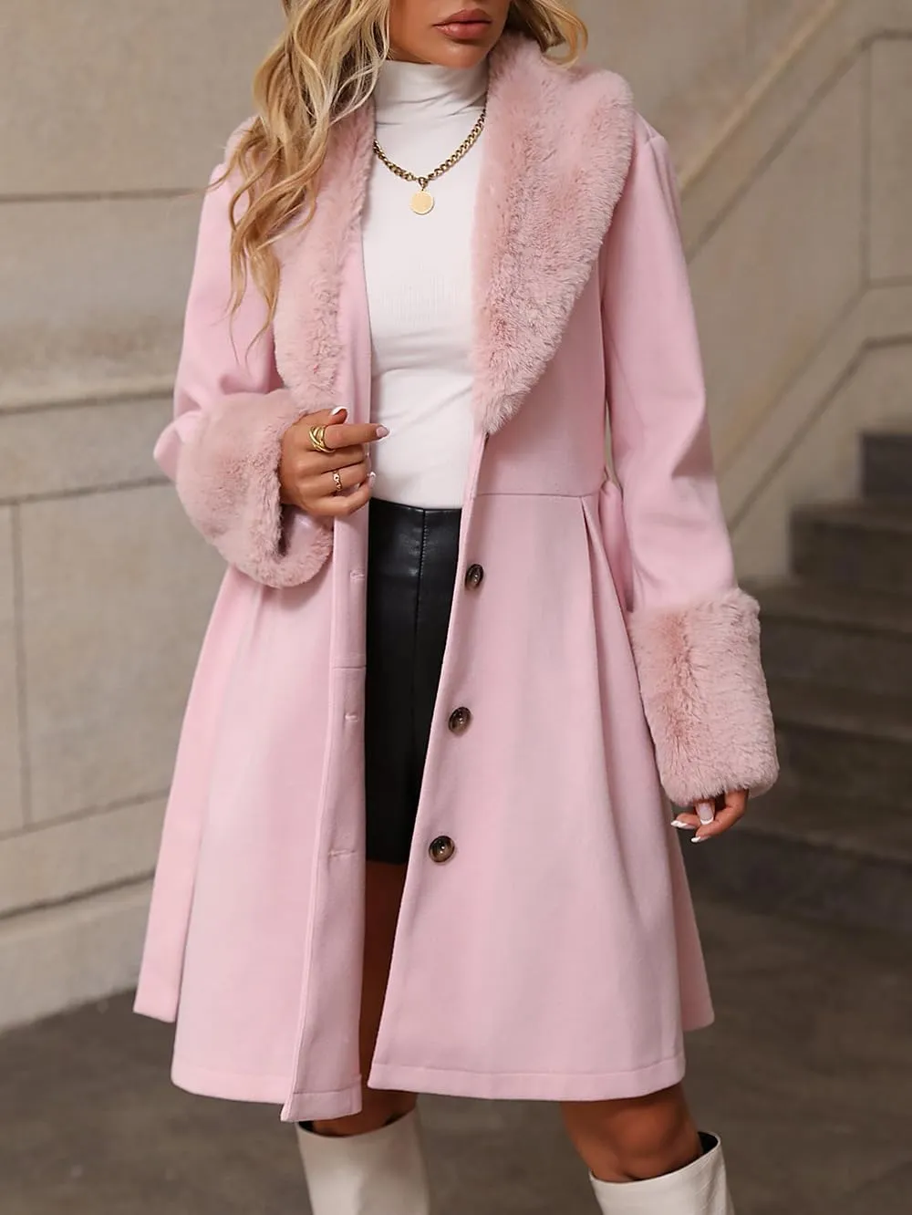 utcoco Womens Wool Blend Pea Coat Faux Fur Lapel Collar Single Breasted Mid Long Trench Overcoat with Belt