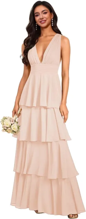 V Neck Bridesmaid Dresses 2025 Chiffon Ruffle Tiered Long Prom Dresses A Line Formal Evening Gowns XOD0436