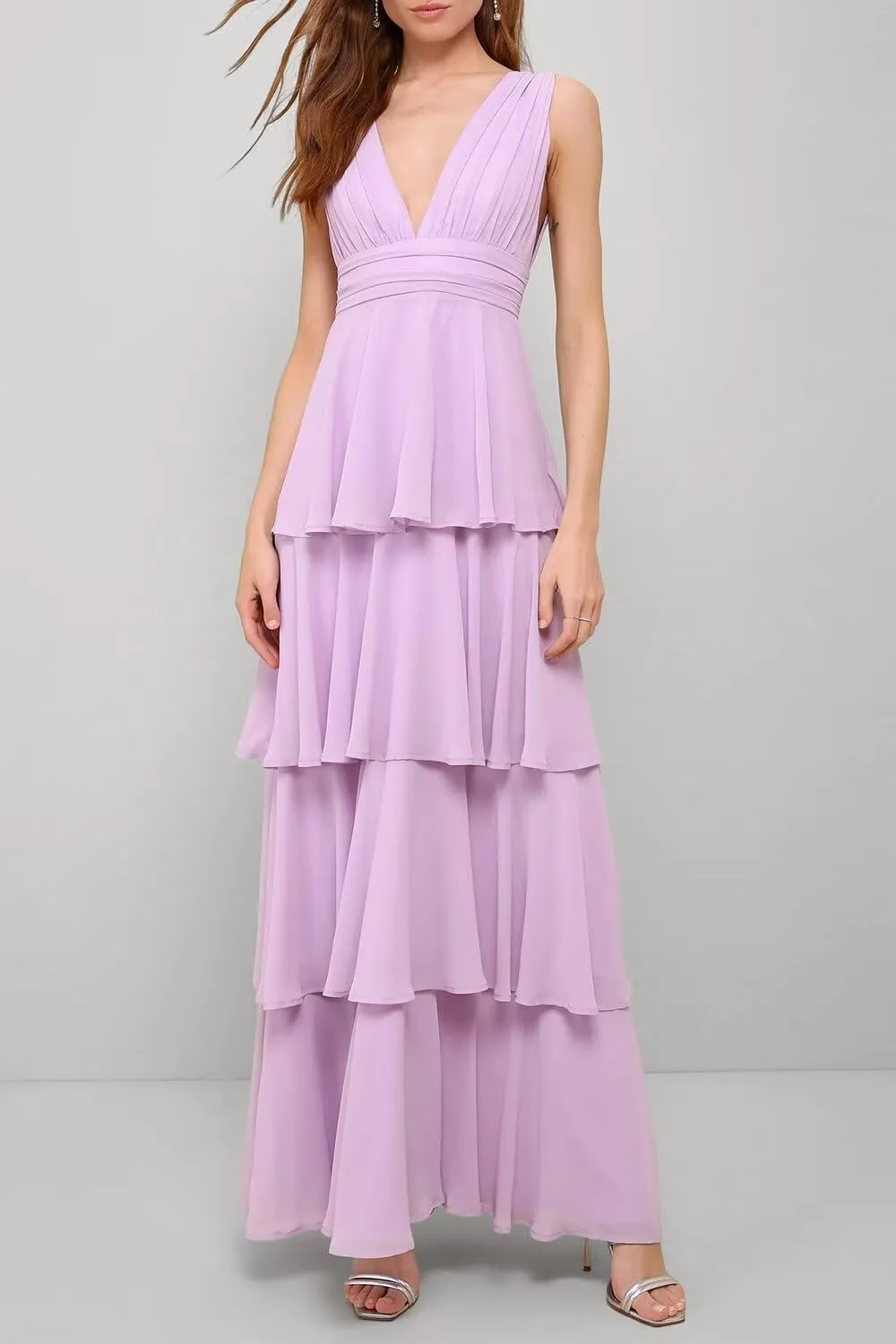 V Neck Bridesmaid Dresses 2025 Chiffon Ruffle Tiered Long Prom Dresses A Line Formal Evening Gowns XOD0436