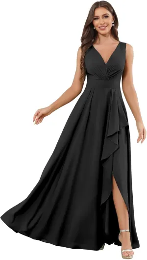 V Neck Chiffon Bridesmaid Dresses for Women Long A Line Ruffle Formal Evening Gowns with Slit