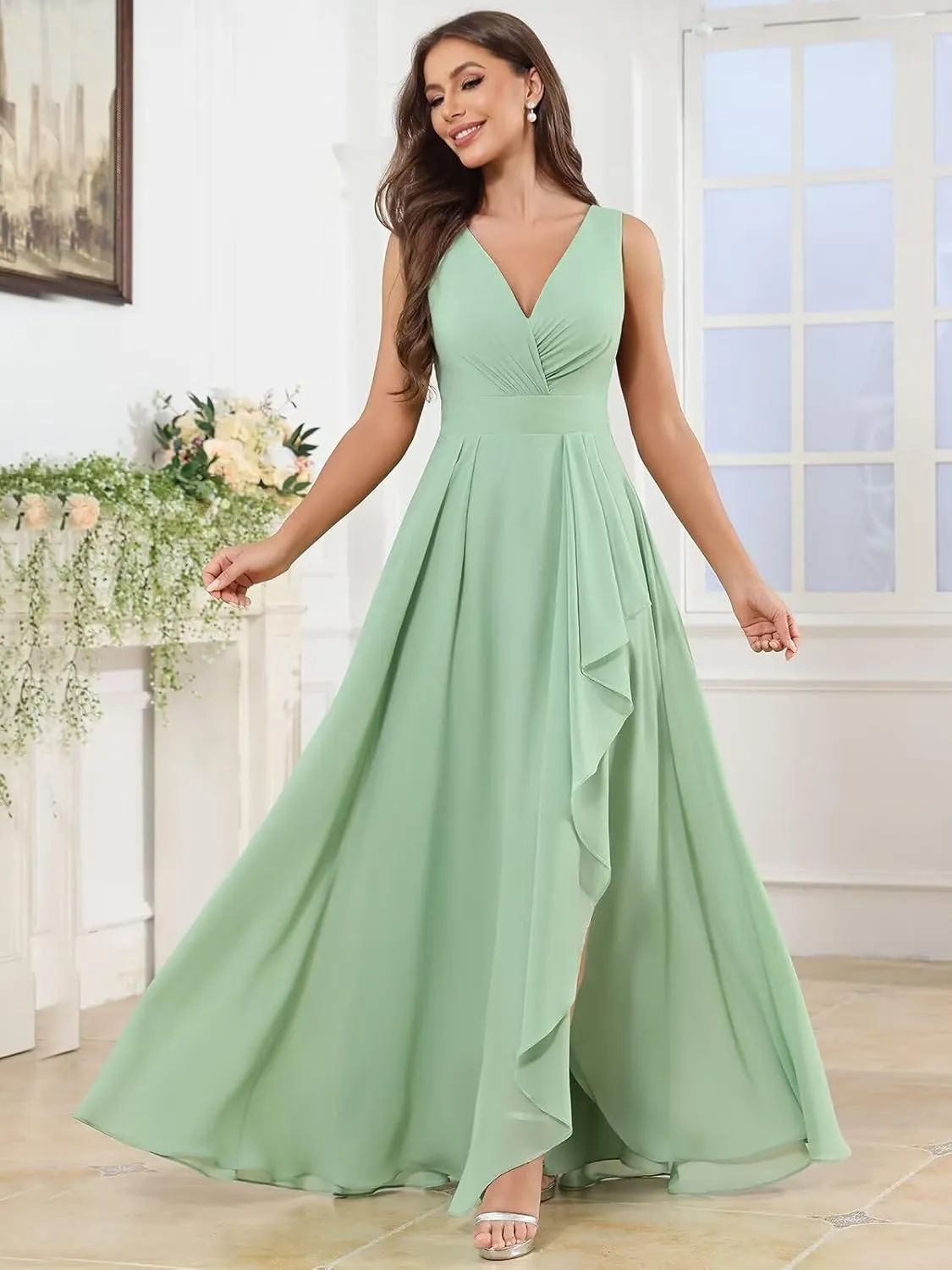 V Neck Chiffon Bridesmaid Dresses for Women Long A Line Ruffle Formal Evening Gowns with Slit
