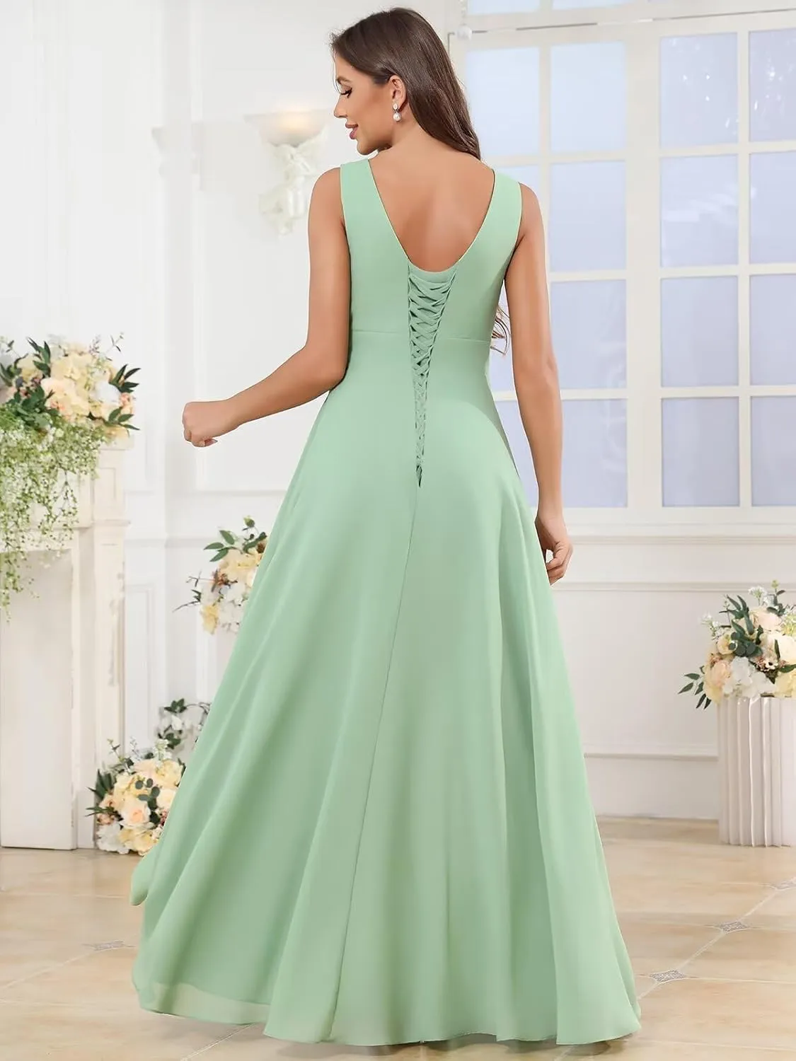 V Neck Chiffon Bridesmaid Dresses for Women Long A Line Ruffle Formal Evening Gowns with Slit