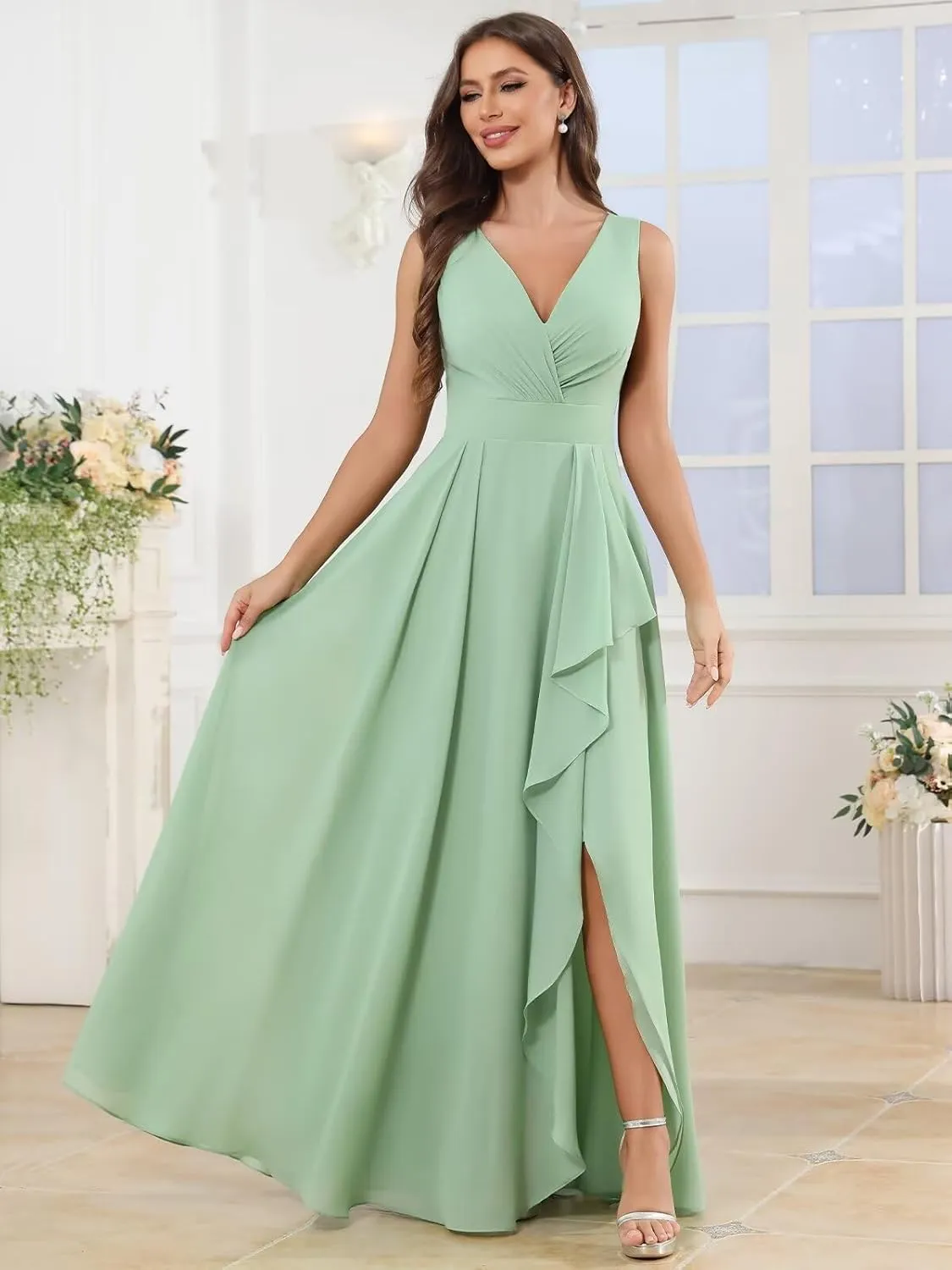 V Neck Chiffon Bridesmaid Dresses for Women Long A Line Ruffle Formal Evening Gowns with Slit