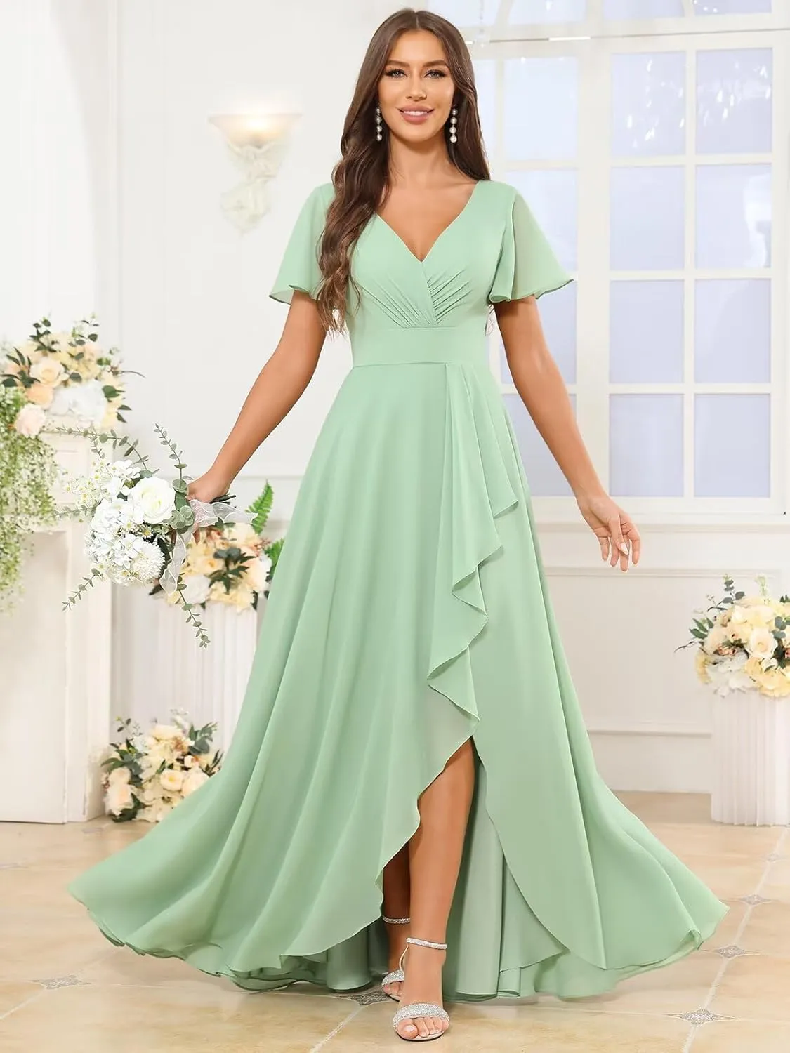 V Neck Ruffle Chiffon Bridesmaid Dresses with Sleeves Long Formal Evening Gowns with Slit
