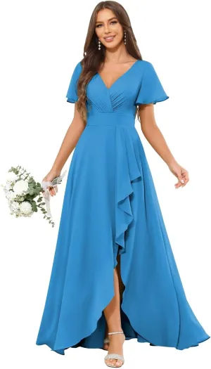 V Neck Ruffle Chiffon Bridesmaid Dresses with Sleeves Long Formal Evening Gowns with Slit