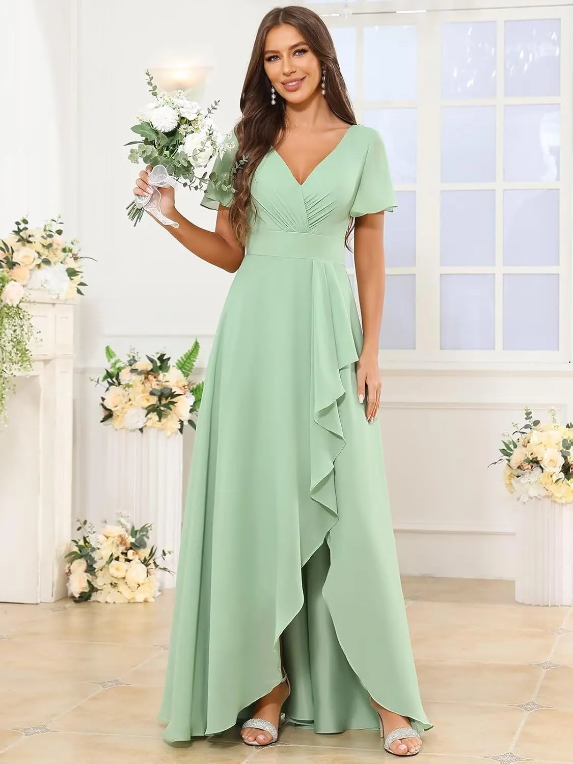V Neck Ruffle Chiffon Bridesmaid Dresses with Sleeves Long Formal Evening Gowns with Slit