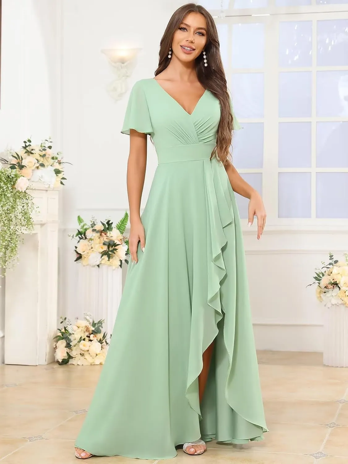V Neck Ruffle Chiffon Bridesmaid Dresses with Sleeves Long Formal Evening Gowns with Slit
