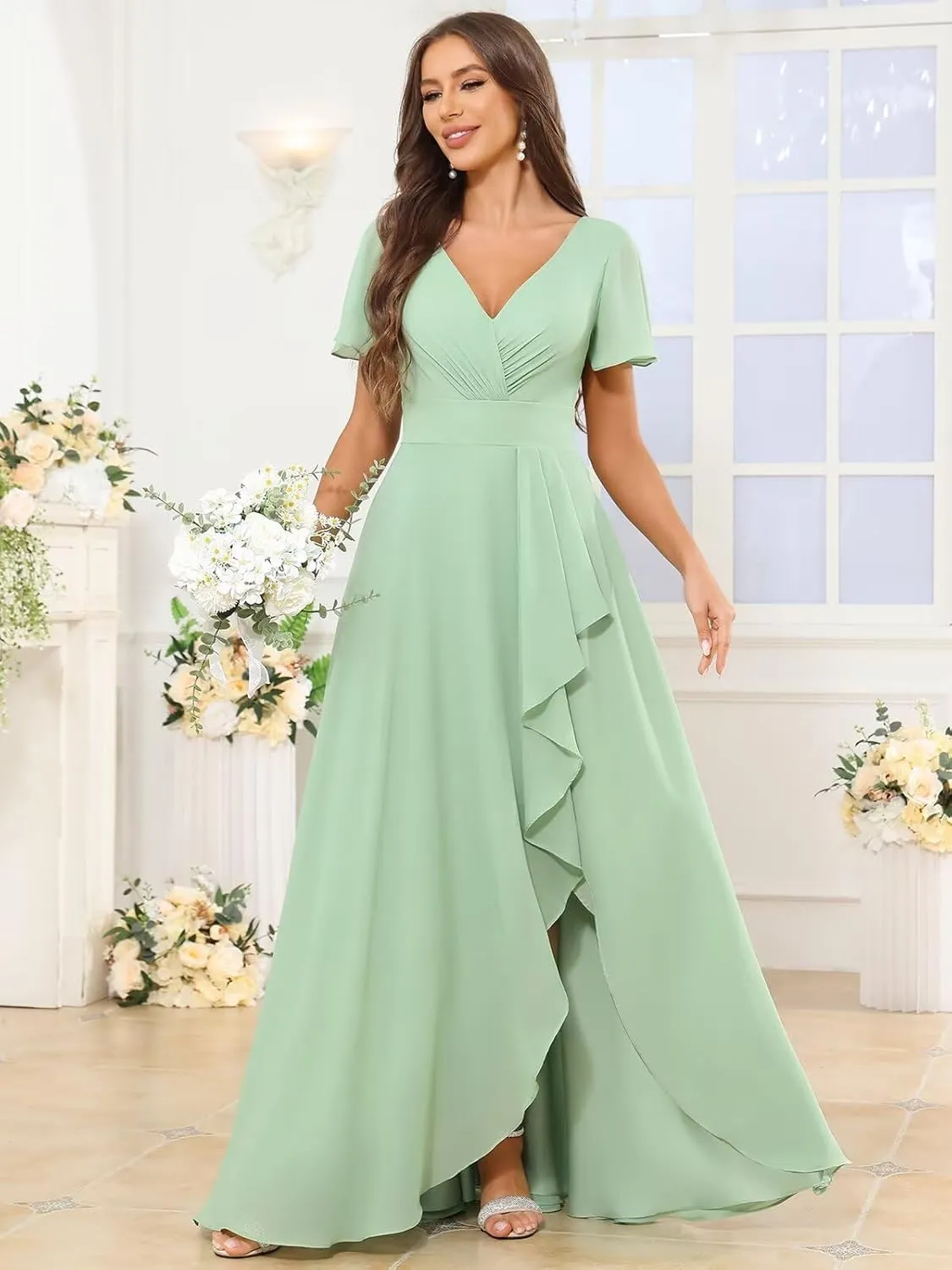 V Neck Ruffle Chiffon Bridesmaid Dresses with Sleeves Long Formal Evening Gowns with Slit