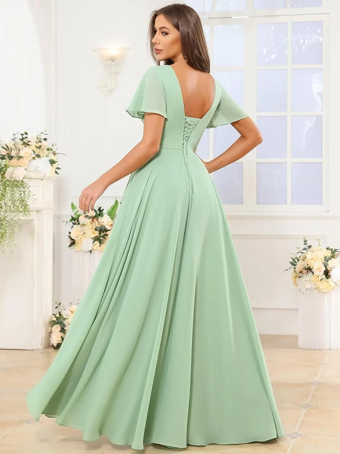 V Neck Ruffle Chiffon Bridesmaid Dresses with Sleeves Long Formal Evening Gowns with Slit