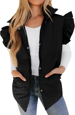 Valphsio Women's Puffer Vests Ruffle Sleeve Winter Button Down Padded Gilet with Pockets