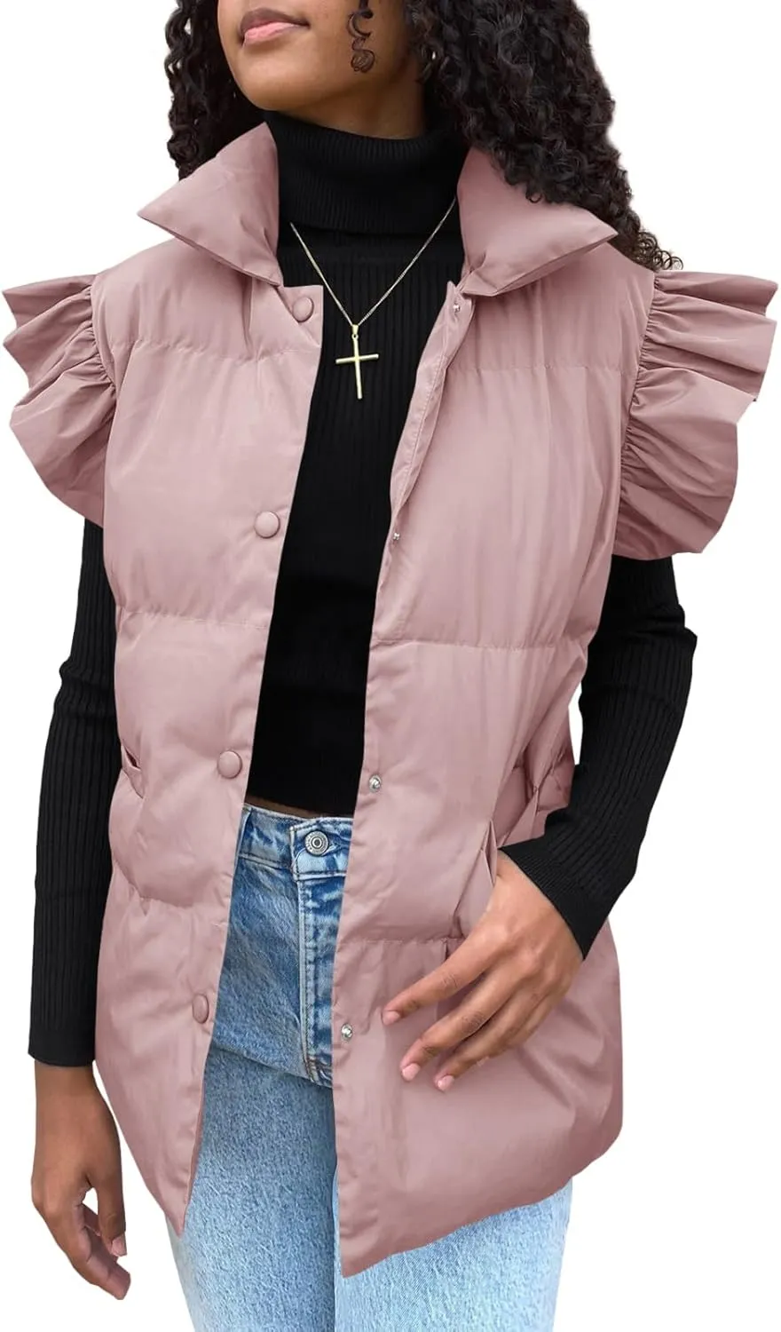 Valphsio Women's Puffer Vests Ruffle Sleeve Winter Button Down Padded Gilet with Pockets