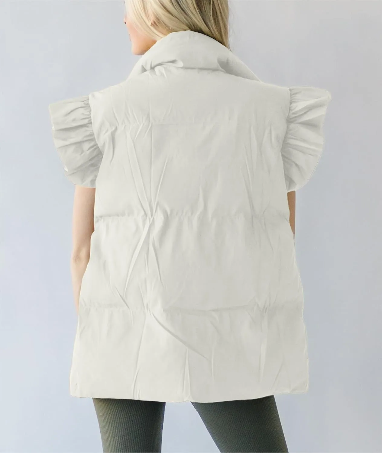 Valphsio Women's Puffer Vests Ruffle Sleeve Winter Button Down Padded Gilet with Pockets