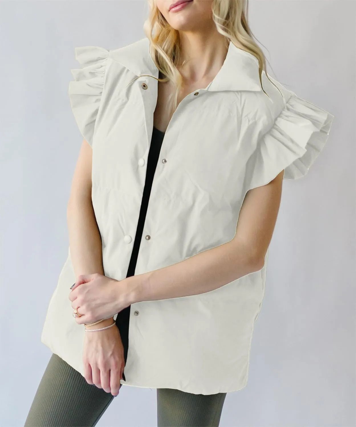 Valphsio Women's Puffer Vests Ruffle Sleeve Winter Button Down Padded Gilet with Pockets