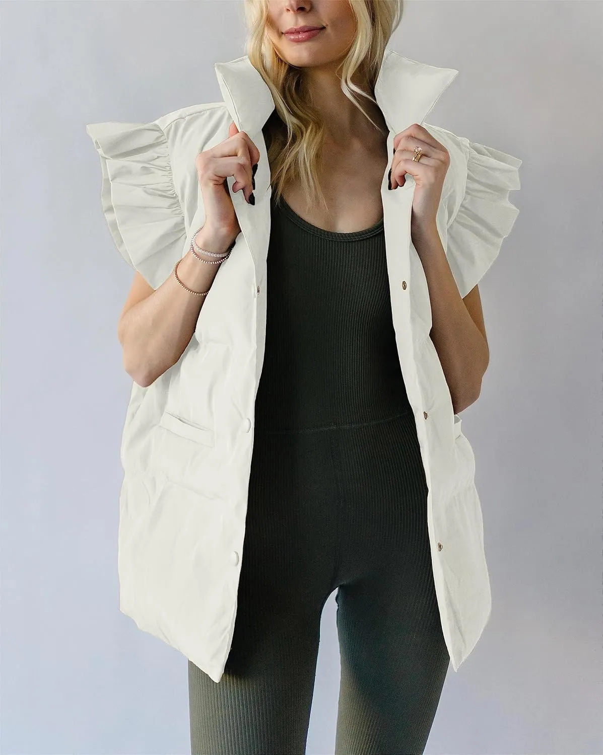 Valphsio Women's Puffer Vests Ruffle Sleeve Winter Button Down Padded Gilet with Pockets