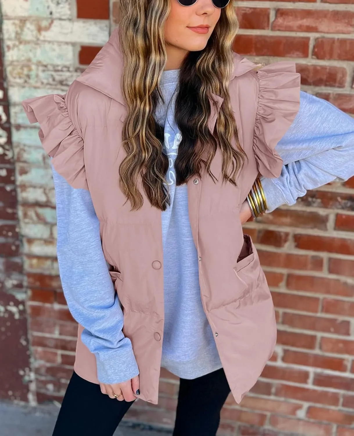 Valphsio Women's Puffer Vests Ruffle Sleeve Winter Button Down Padded Gilet with Pockets