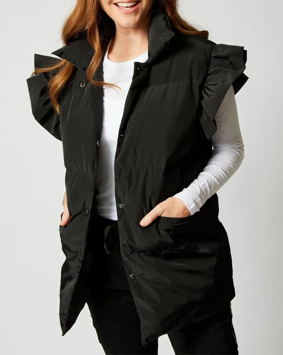 Valphsio Women's Puffer Vests Ruffle Sleeve Winter Button Down Padded Gilet with Pockets