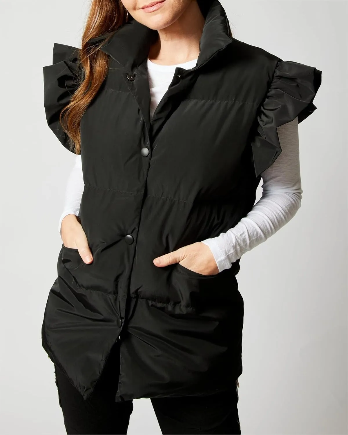 Valphsio Women's Puffer Vests Ruffle Sleeve Winter Button Down Padded Gilet with Pockets
