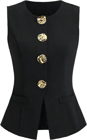 Verdusa Women's Button Down Split Blazer Vests Old Money Crew Neck Fitted Sleeveless Jackets Top