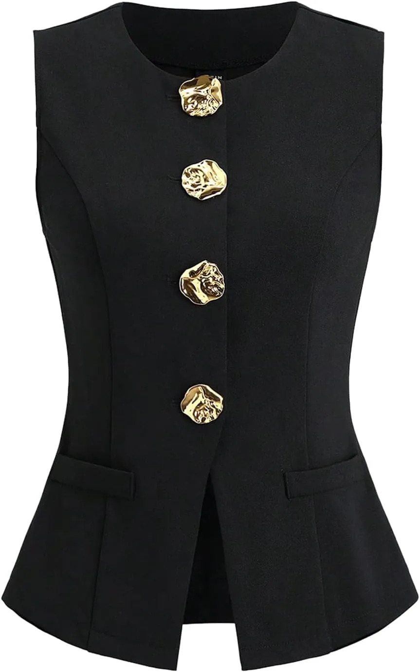 Verdusa Women's Button Down Split Blazer Vests Old Money Crew Neck Fitted Sleeveless Jackets Top