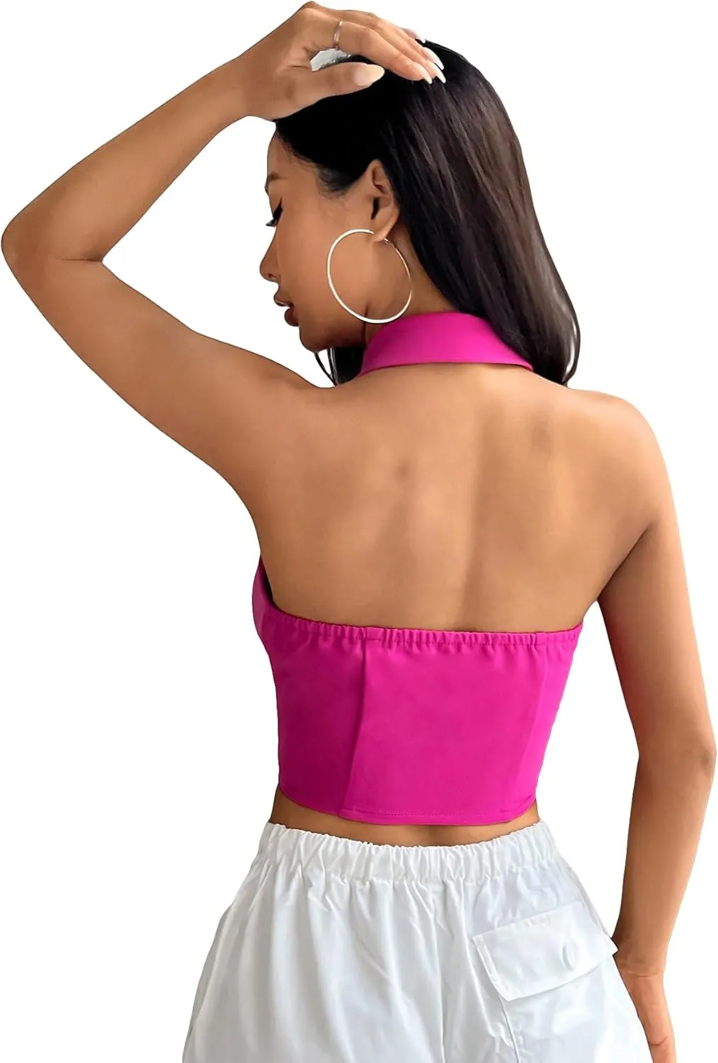 Verdusa Women's Notch Neck Backless Asymmetrical Hem Button Front Crop Blazer Vests
