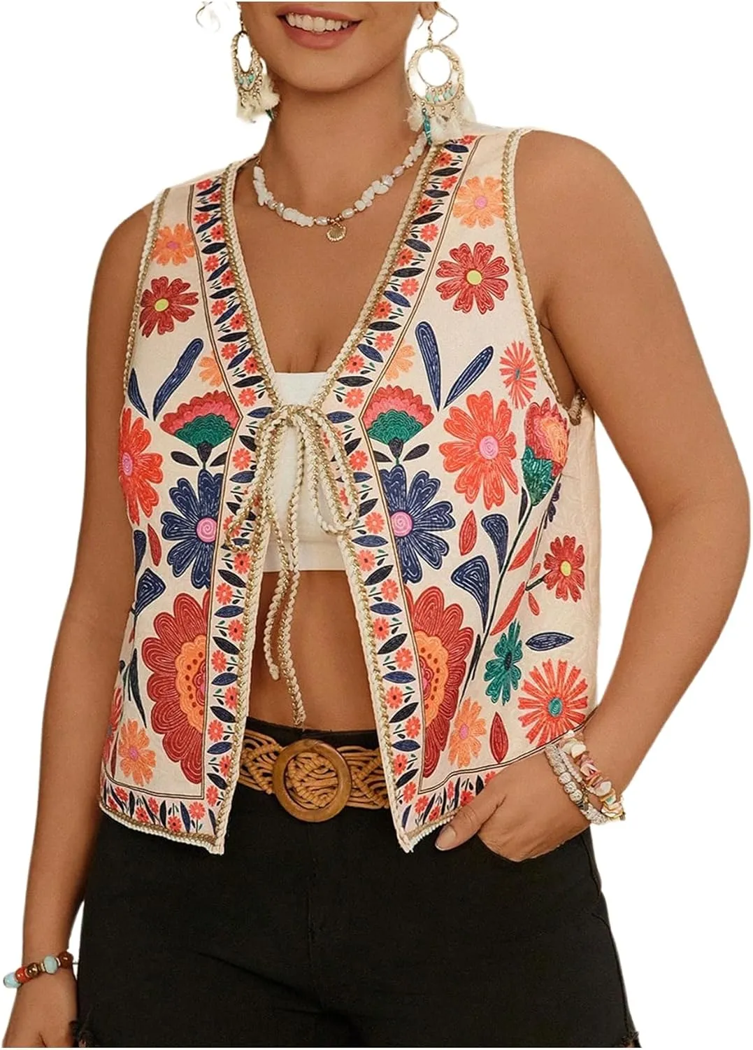 Verdusa Women's Plus Size Bow Floral Lightweight Cardigans Boho Sleeveless Jacket Outwear