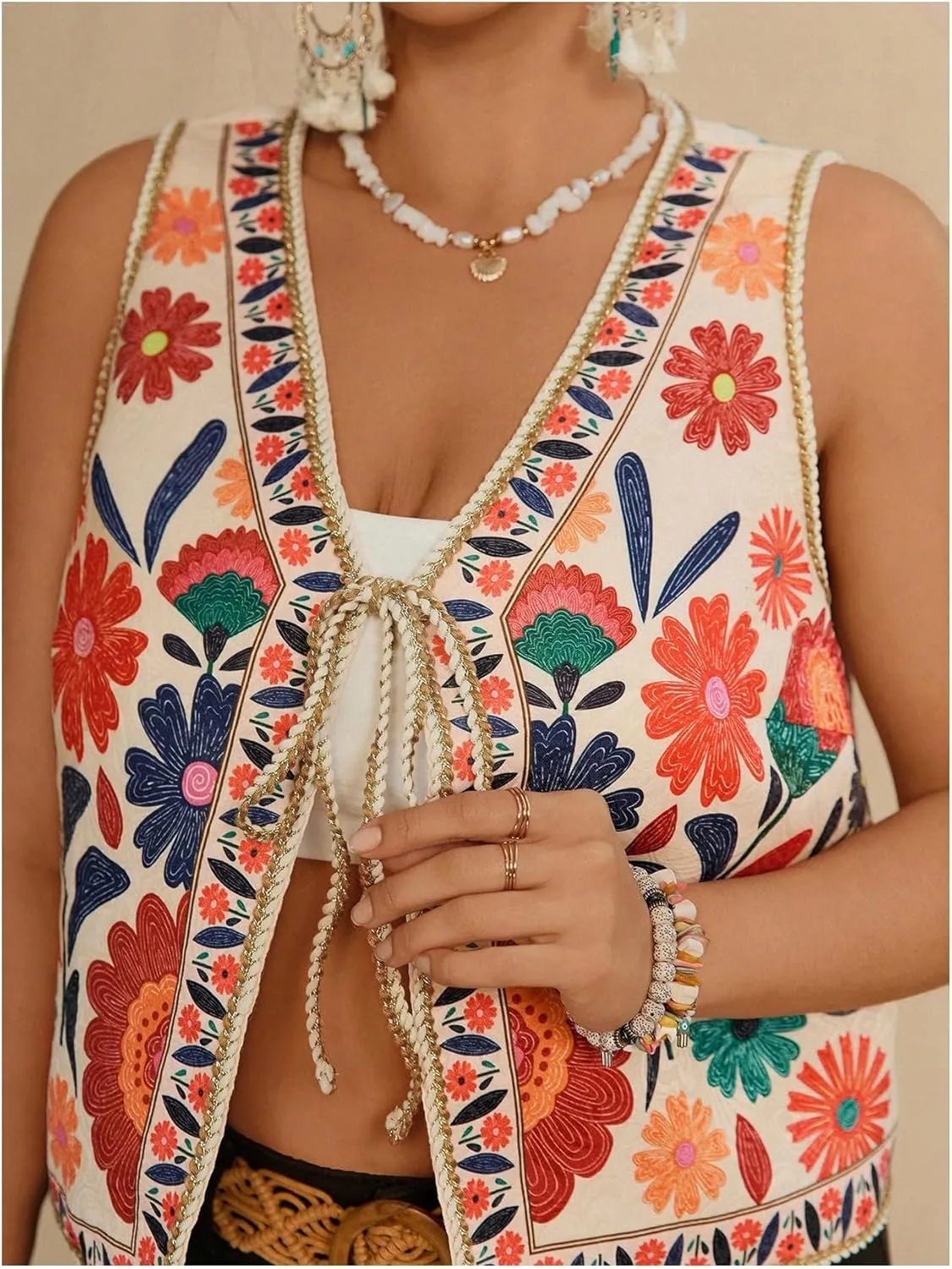 Verdusa Women's Plus Size Bow Floral Lightweight Cardigans Boho Sleeveless Jacket Outwear