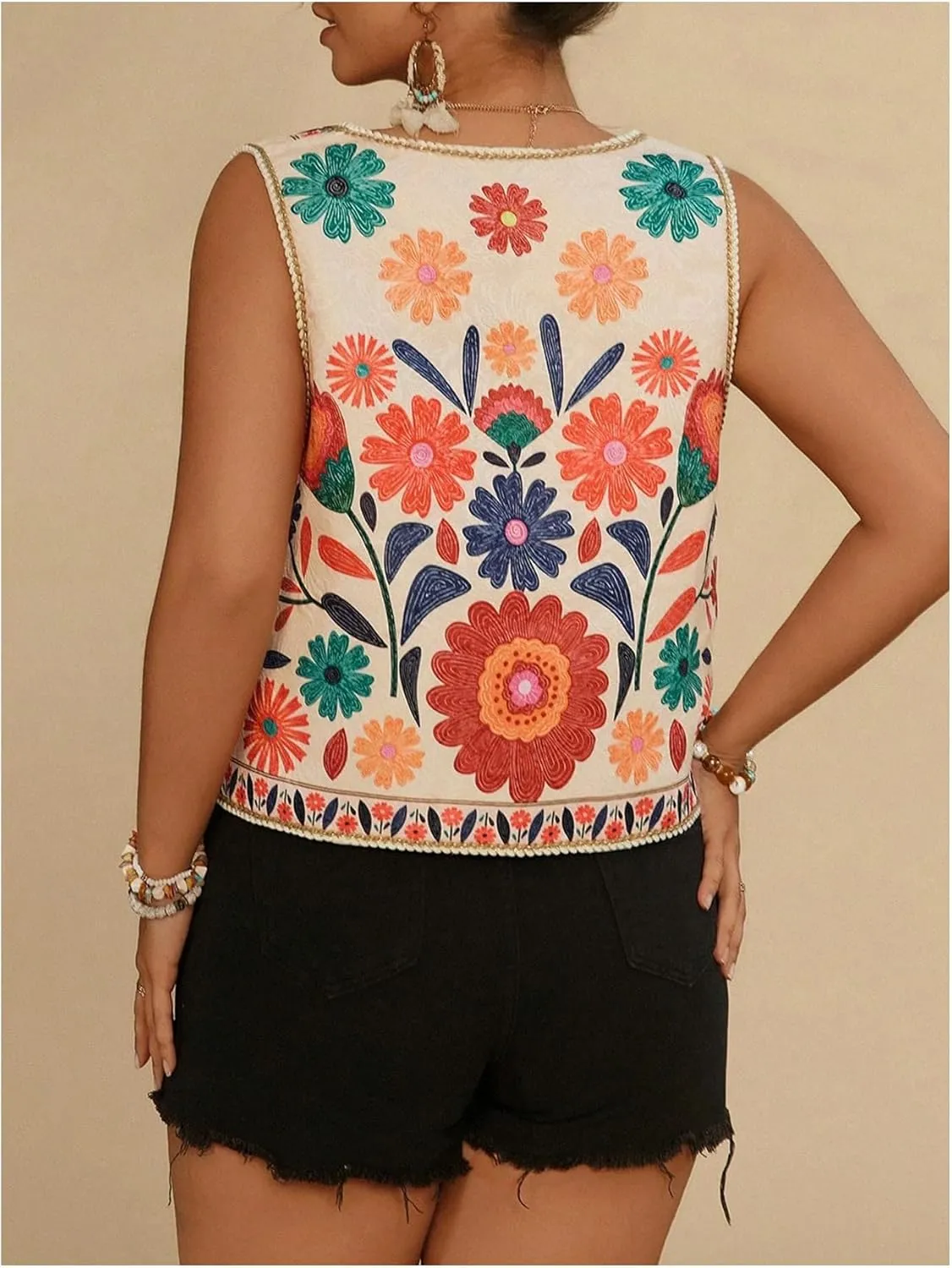 Verdusa Women's Plus Size Bow Floral Lightweight Cardigans Boho Sleeveless Jacket Outwear