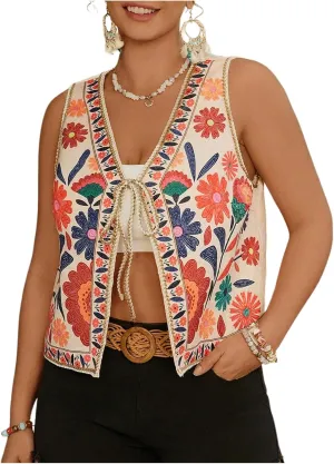 Verdusa Women's Plus Size Bow Floral Lightweight Cardigans Boho Sleeveless Jacket Outwear