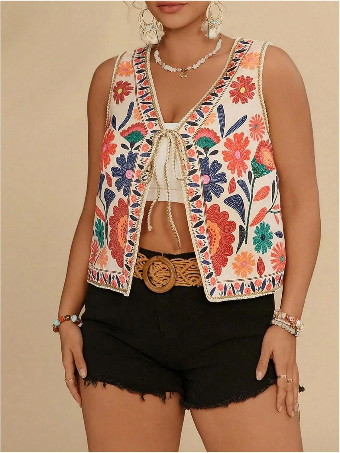 Verdusa Women's Plus Size Bow Floral Lightweight Cardigans Boho Sleeveless Jacket Outwear