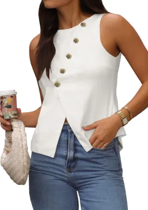 Vest Tops for Women Casual Crewneck Button Down Waistcoat Sleeveless Business Office Work Blazer Suit Vests