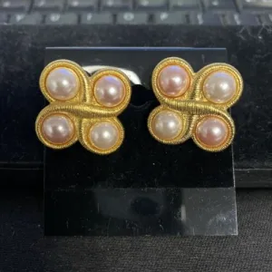 Vintage Monet Gold Tone Faux Pearl Baroque Clover Scroll Clip on Earrings