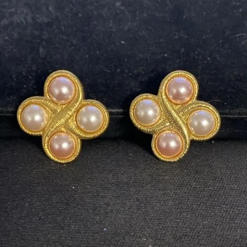 Vintage Monet Gold Tone Faux Pearl Baroque Clover Scroll Clip on Earrings