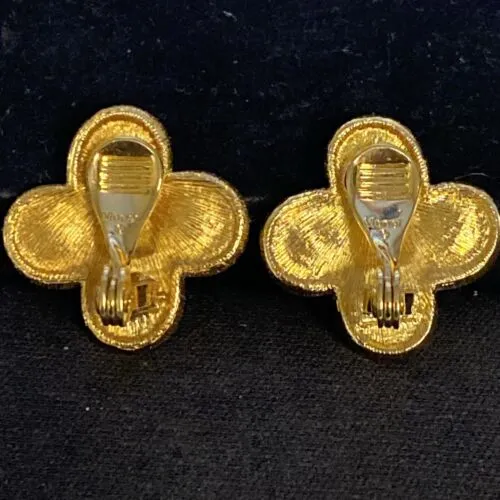 Vintage Monet Gold Tone Faux Pearl Baroque Clover Scroll Clip on Earrings