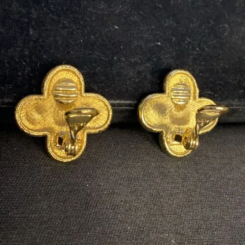Vintage Monet Gold Tone Faux Pearl Baroque Clover Scroll Clip on Earrings