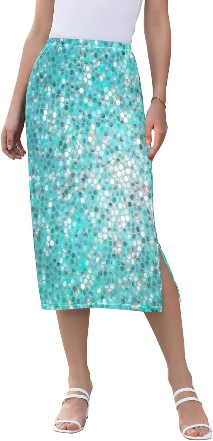 Violet Midi Skirt with Slit Womens Floral Mid Calf Skirt High Waist Stretch Print Skirt