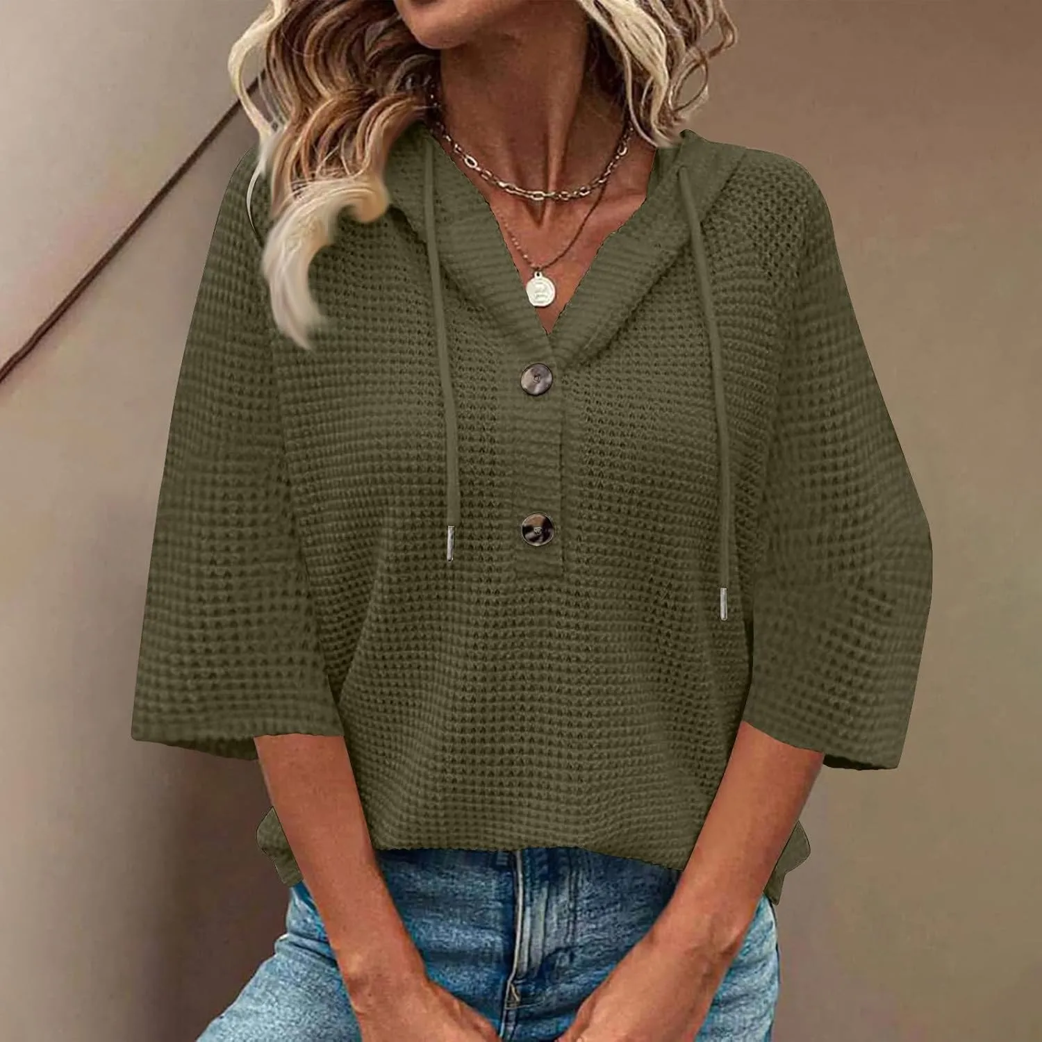 Waffle Knit Tops for Women Loose Fit 3/4 Sleeve Henley V Neck T Shirts Casual Spring Knitted Lightweight Tunic Hoodie