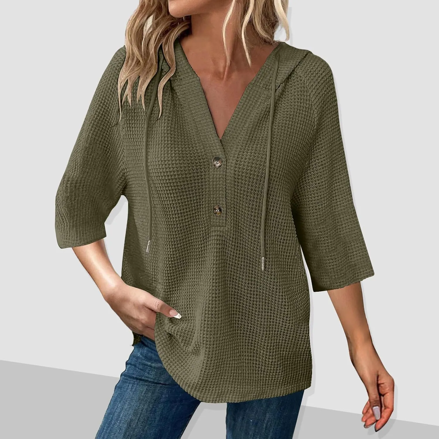 Waffle Knit Tops for Women Loose Fit 3/4 Sleeve Henley V Neck T Shirts Casual Spring Knitted Lightweight Tunic Hoodie