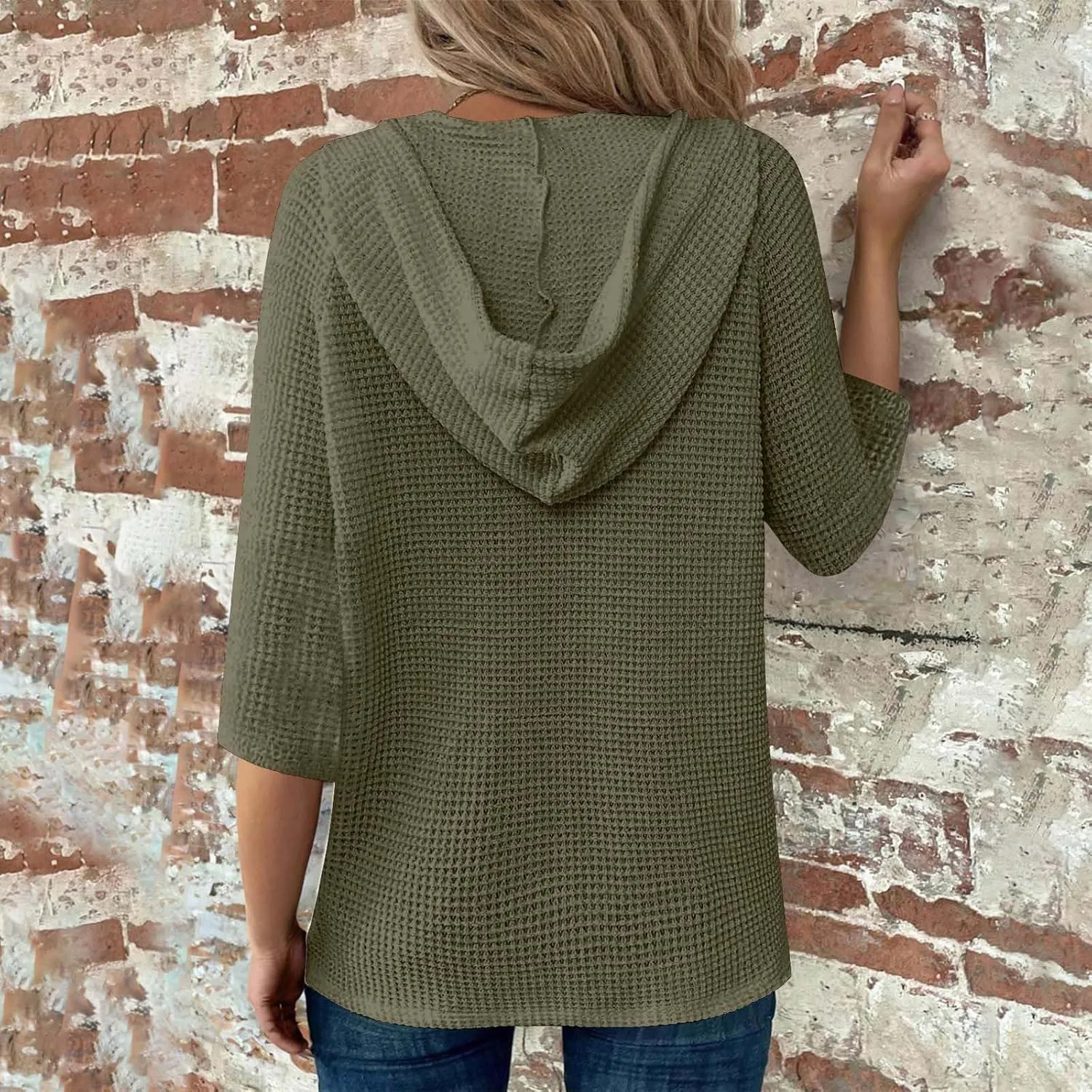 Waffle Knit Tops for Women Loose Fit 3/4 Sleeve Henley V Neck T Shirts Casual Spring Knitted Lightweight Tunic Hoodie